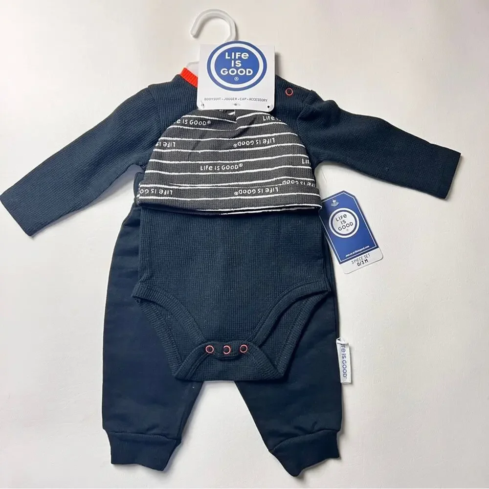 Life Is Good Baby Three Piece Bodysuit Jogger Cap Matching Set Sz 0/3 M